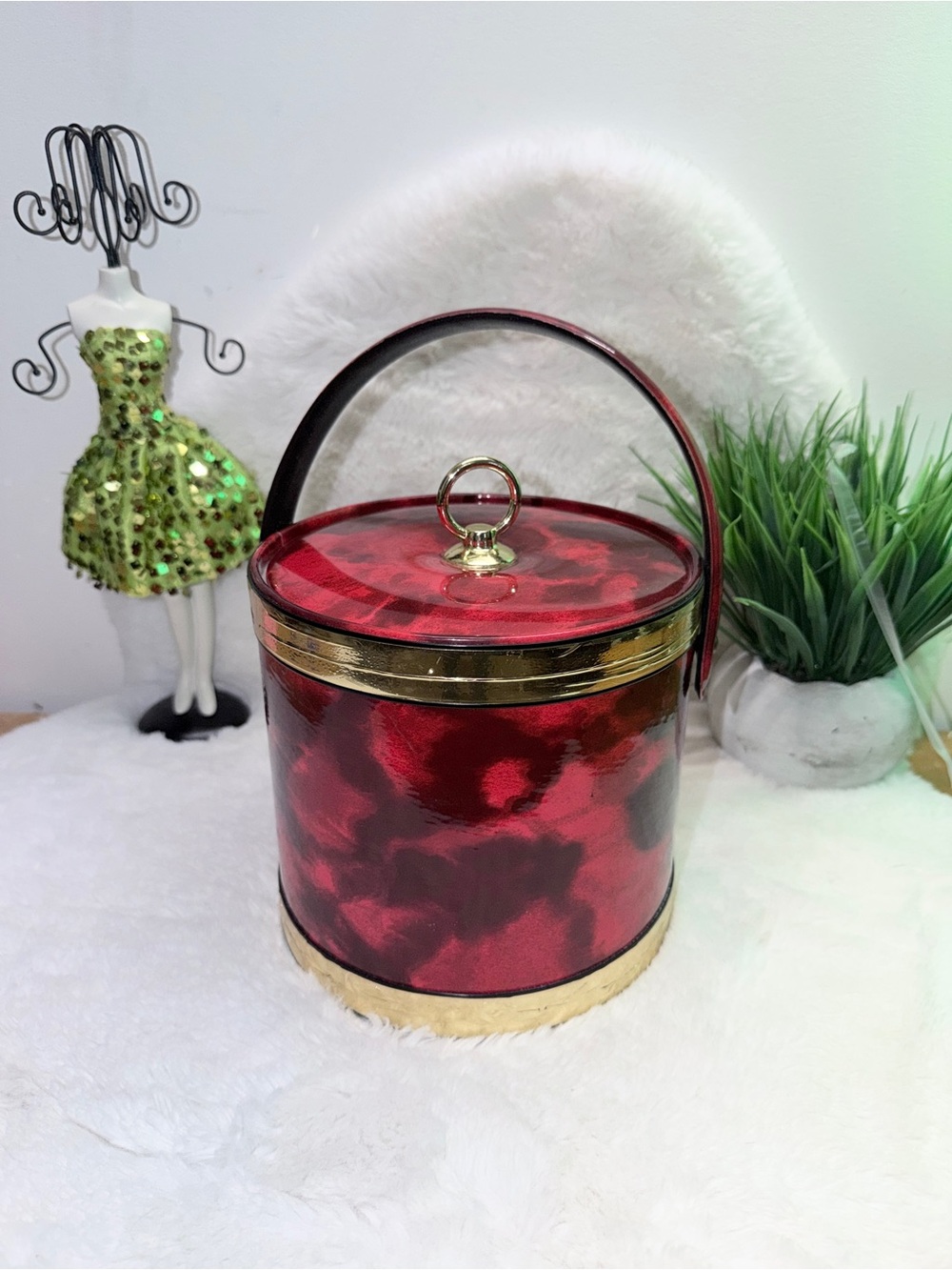 Retro Red Tortoiseshell Vintage Ice Bucket w/Gold Foil Trim Mid Century Modern 💎